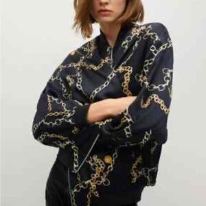 Mango Black Bomber Jacket with Gold Chain Print